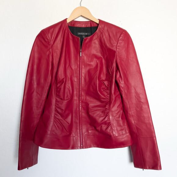 Lafayette 148 Leather Jacket Sz 4 Red Genuine Ruched Full Zip Y2K Small - Picture 1 of 8